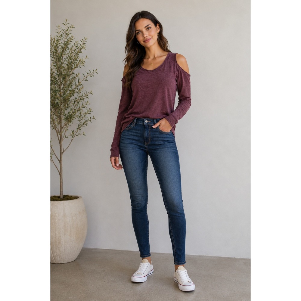 Elan‎ Top Womens Medium Maroon Cold Shoulder Raw Hem Boho Indie